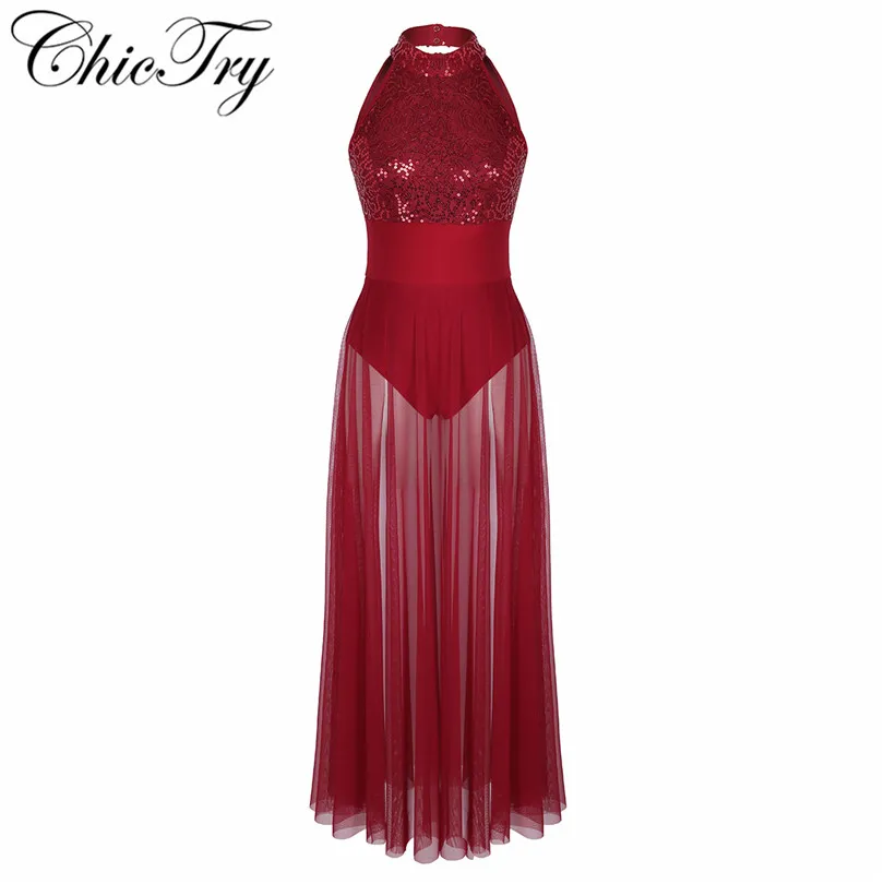 

Fashion Sequins Women Adult Sleeveless Halter Mesh Maxi Ballet Dance Stage Performance Dancewear Dress with Built-in Leotard