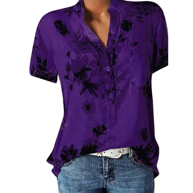 Elegant women s shirt printing large size casual shirt fashion V neck short sleeved shirt blouse