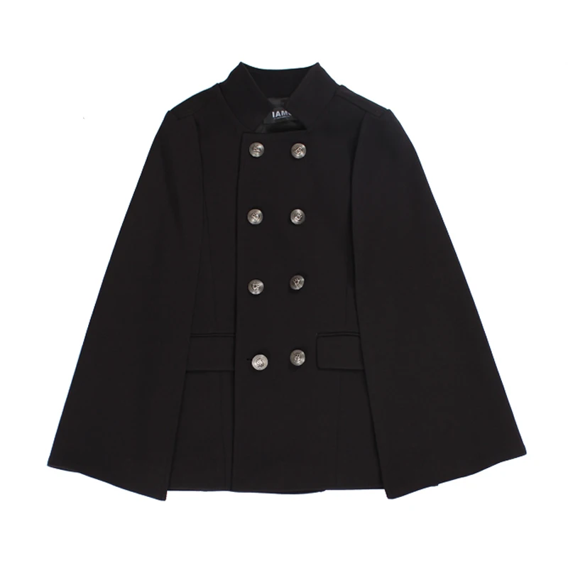 

PERHAPS U women black solid loose winter button up collar pocket capes elegant double breasted vintage C0062