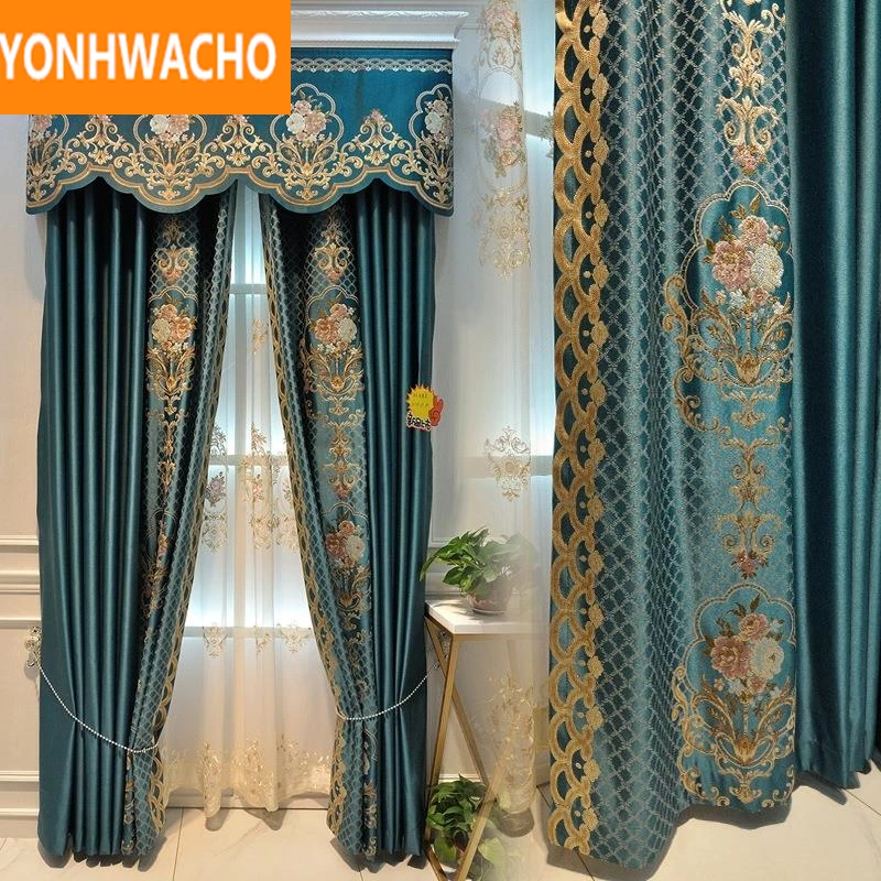 

Custom curtains Grandeur European full shading embroidered living room luxury blue thick cloth blackout curtain tulle B275