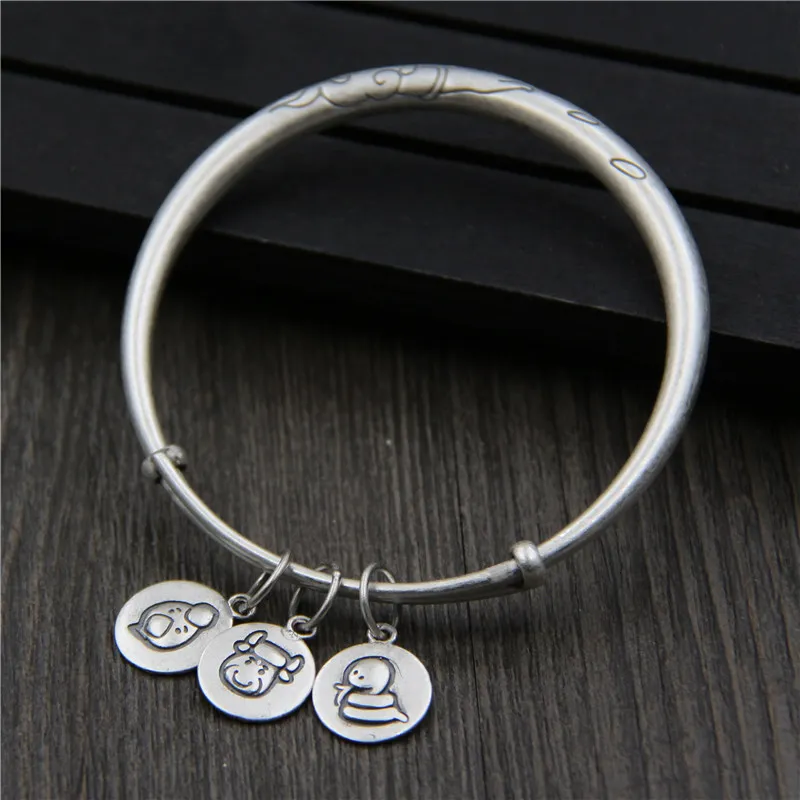 

C&R Real 999 Sterling Silver bangles for women bracelet Zodiac Ladies carved lotus push-pull Thai Silver Fine Jewelry