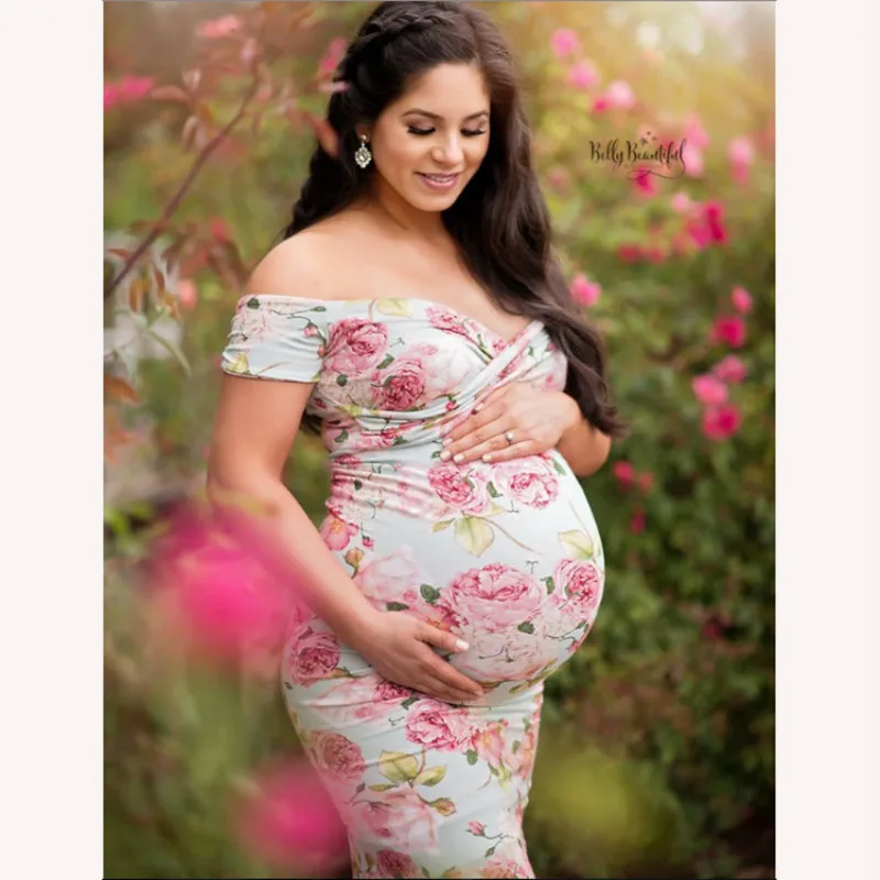Maternity Dress For Photo Shooting Boat Neck printing Dress Maternty Photography Props Short Sleeve Stretch Cotton Pregnant Dres