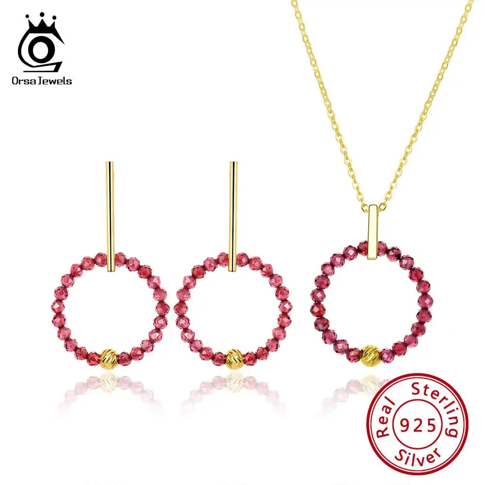 

ORSA JEWELS 925 Sterling Silver Women Necklaces+Earrings Round Pendant Red Black Stone Hoop Earring Gold-color Jewelry Set OSS34