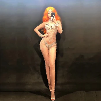 

Women Singer Dance Costume Sparkly Rhinestones Sexy Bodysuit Stretch Crystals Jumpsuit Female Celebrate Festival Outfit DJ Wear