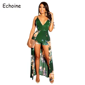 

Echoine Print Floral Sexy Low Cut Jumpsuits V-neck Spaghetti Straps Backless Jumpsuits Short Pants Office Lady Cloth For Women