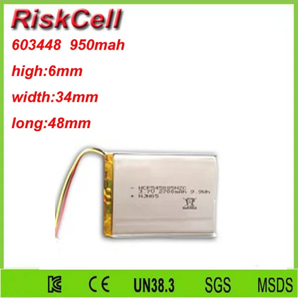 

Free shipping 3.7V 950mah 603448 Lithium Polymer Li-Po Rechargeable Battery For Mp3 MP4 MP5 GPS PSP mobile Pocket PC e-books
