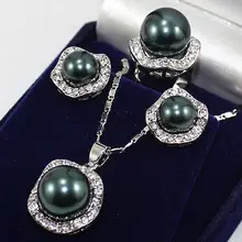 Благородные счастливые Женщины Набор 10 мм и 14 мм Черный Южное море жемчужные серьги ожерелье кольцо Размер 6 7 8 9# серебряный крючок