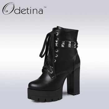 

Odetina Sexy Extreme High Heels Women Motorcycle Boots Fashion Women Lace Up Rivets Punk Boots Lady Side Zipper Platform Booties