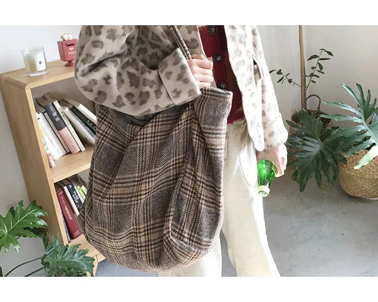 Women Woolen Canvas Bags Scottish Pattern Vintage Plaid Female Large Capacity Big Tote Handbag Ladies Casual Shoulder Bag