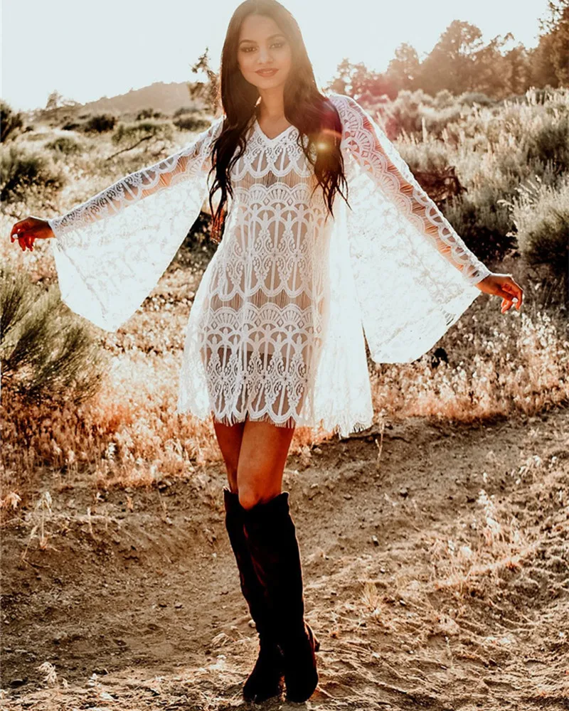 

2019 New Lace Embroidered Flared Sleeve Beach Dress Women Sexy Hollow-out White Minishirt Holiday Girl Sweet Swimming Cover up