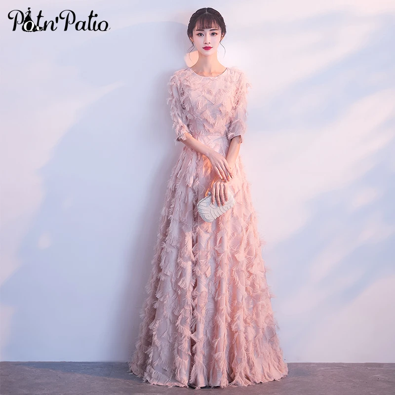 Feather Lace Pink Evening Dresses Long 2019 O-neck With Half Sleeves A-line Floor-Length Formal Dresses Women Elegant Plus Size Feather Lace Pink Evening Dresses Long 2019 O-neck With Half Sleeves A-line Floor-Length Formal Dresses Women Elegant Plus Size