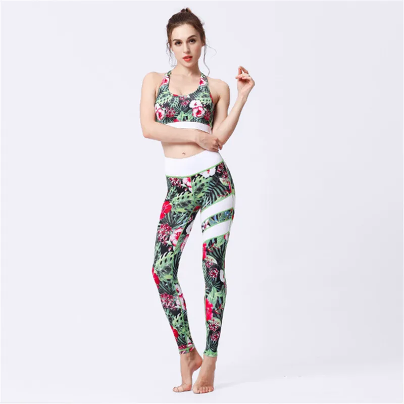 

Eshines Sport Suit Print Fitness Suit Leggings Yoga Set Two-piece Zipper Sportswear T-shirt+Sport Pants 2019 Tracksuit For Wome