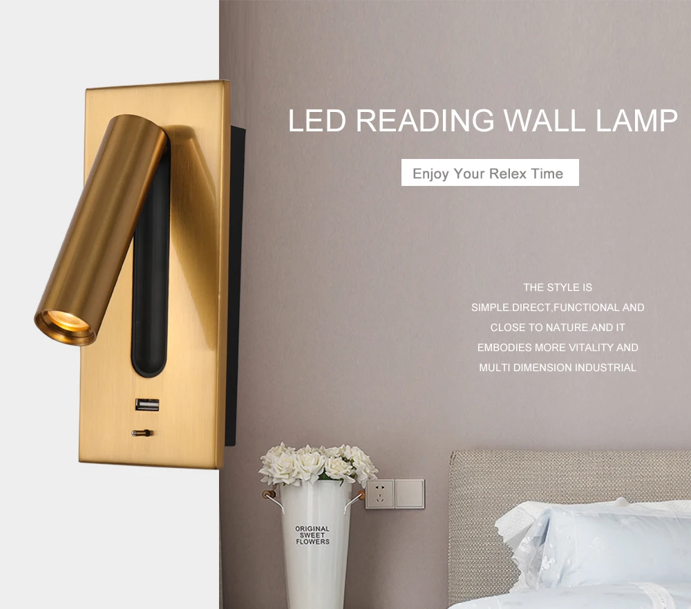 Переключатель USB настенный светильник для спальни прикроватное освещение Встроенная алюминиевая головка Регулируемые Настенные светильники лампада бра