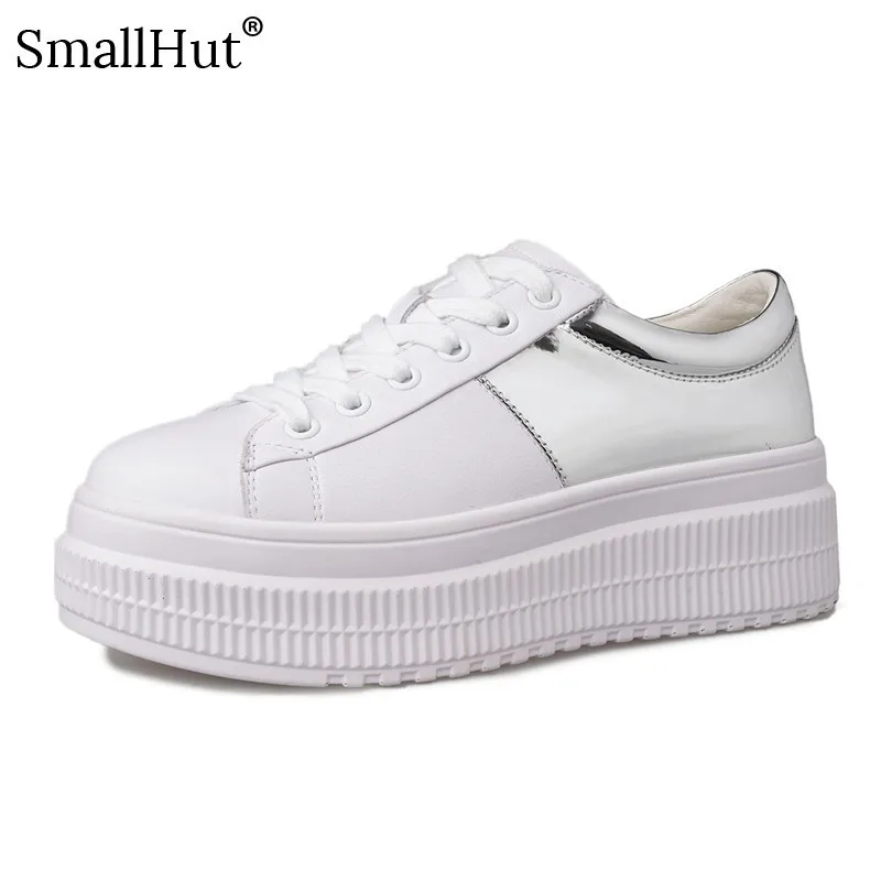 

Women Platform Sneaker Genuine Leather Mixed Colors Spring Autumn Casual White Beige Ladies Round Toe Cross-tied Flat Shoes E088