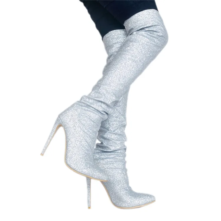 

Botas feminina plus size 45 sliver high heel pointed toe long thigh high boots glitter botines stretch overknee boots woman shoe