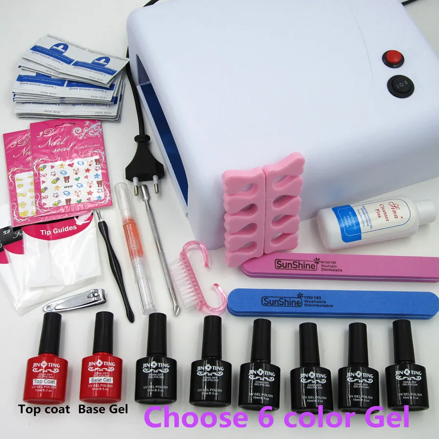 

Nail Art Manicure Tools 36W UV Lamp + 6 Color 10ml soak off Gel nail polish with Remover Practice kit BTT-128 Free shipping