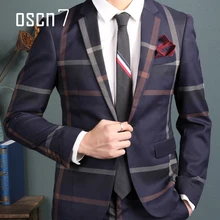 OSCN7 Темно-Синий Slim Fit Плед Костюм Мужчины Нотч Бизнес вечерние Платья Костюмы Для Мужчин Мода Llatest Пальто Пант Дизайн Terno