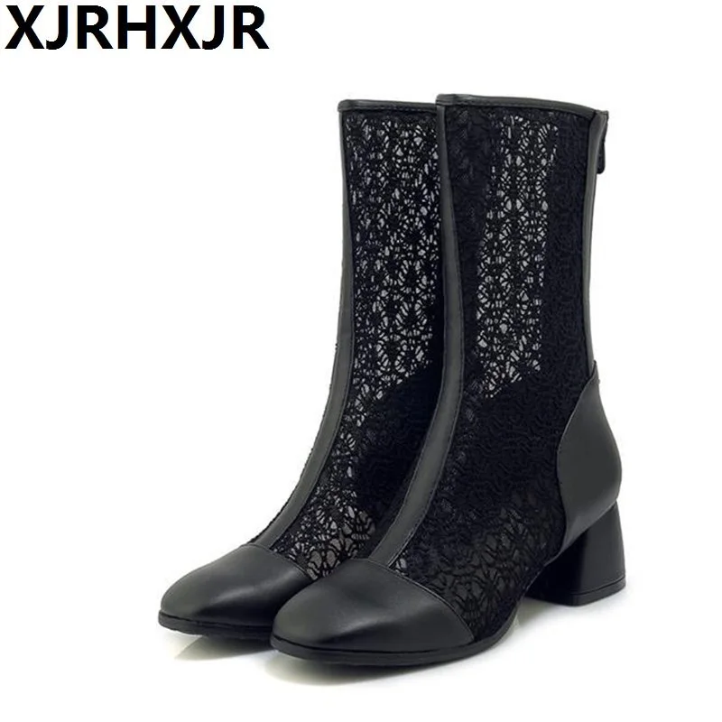 

XJRHXJR 2019 Corium Women Spring Autumn Half Boots Cutout Thick Heel Breathe Freely Round Toe Big Size 40 41 Fashion Mesh Boots