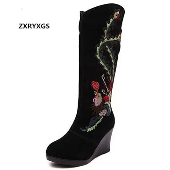 

HOT 2019 Newest Embroidered Matte Leather Boots for Women Fashion Shoes Martin Boots Plus Velvet Warm Winter Wedges High Boots
