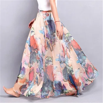 

Elegant Summer Bohemian Maxi Skirts Women Long Skirt Chiffon Saia Beach High Waist Tutu Casual Vestidos Harajuku Print Clothes