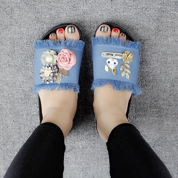 New Bunny Fabrics Soft Bottom Flowers Fringed Flat With Women Open Toe Platform Shoes Casual Slippers For Ladies Cheap53