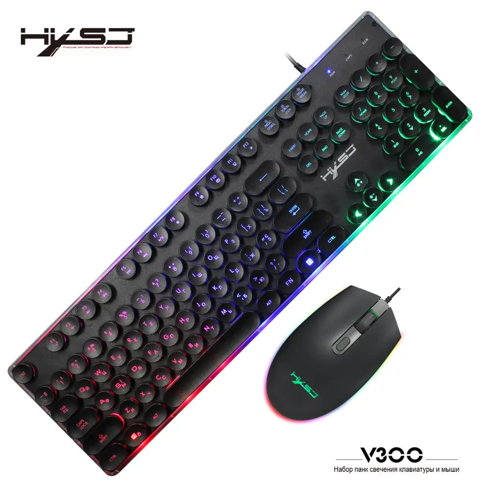 

HXSJ new English Russian keyboard and mouse set 104 key color backlight wired keyboard RGB mouse 1600DPI office game PC notebook