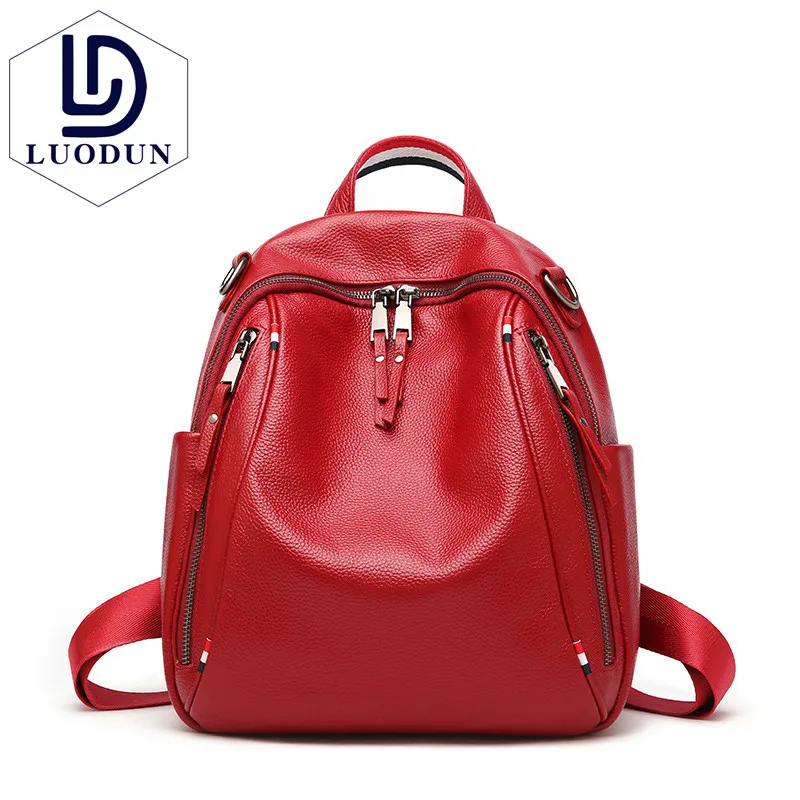 

LUODUN 2018 New Shoulder Bag British Wind Lady First layer Leather Double Zipper Large capacity Wild Backpack Backpack