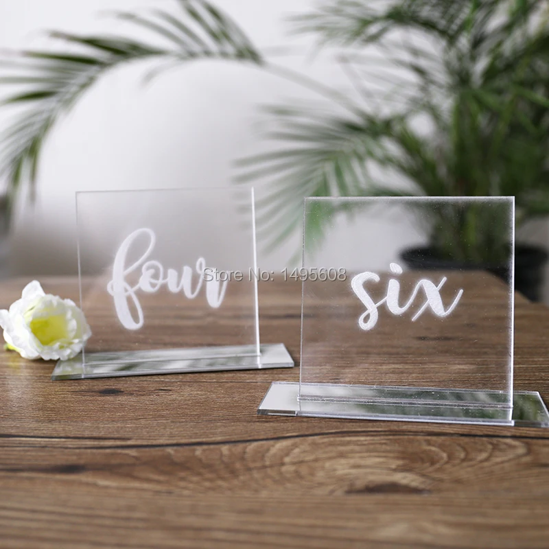

Personalised Clear Acrylic Wedding Table Numbers with names Calligraphy Numbers