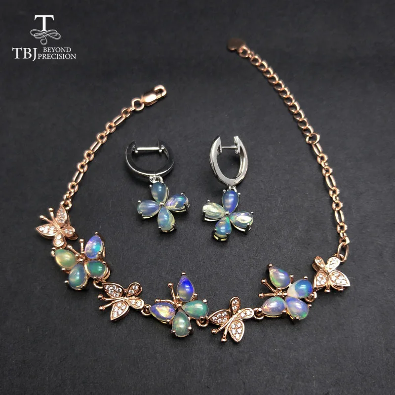 

TBJ, Butterfly shape bracelet and earring with natural rainbow opal gemstone set in 925 sterling silver fine jewelry for women