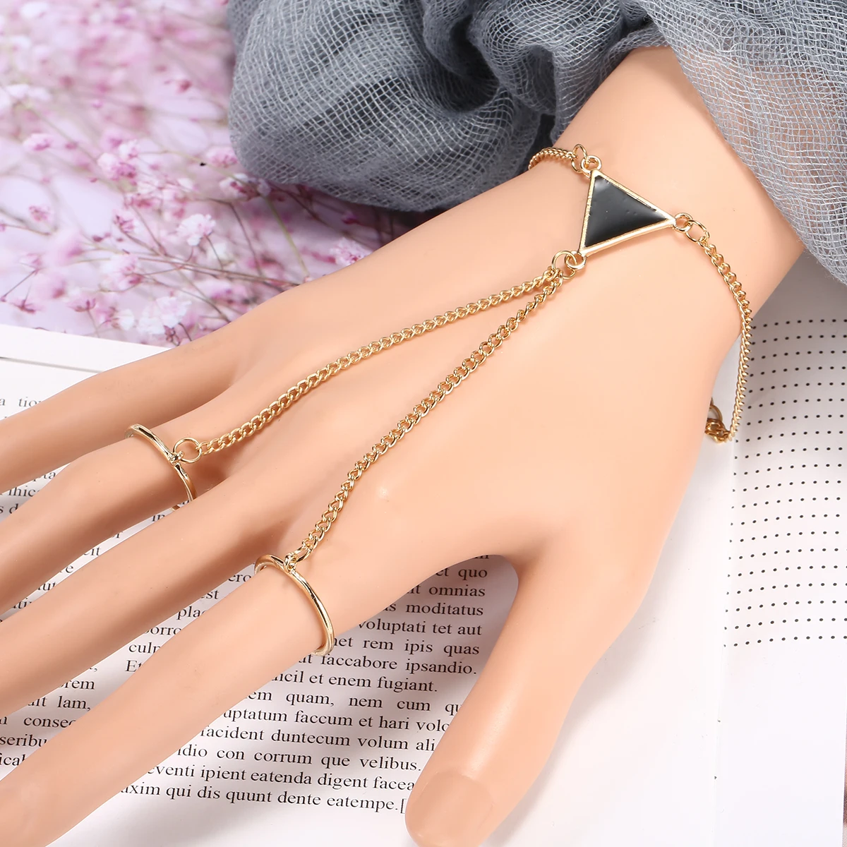 Punk Gold Triangle Chain Bracelet Bangle Jewelry For Women Girl Bohemian Beads Slave Finger Ring Bracelet Pulseiras Shellhard