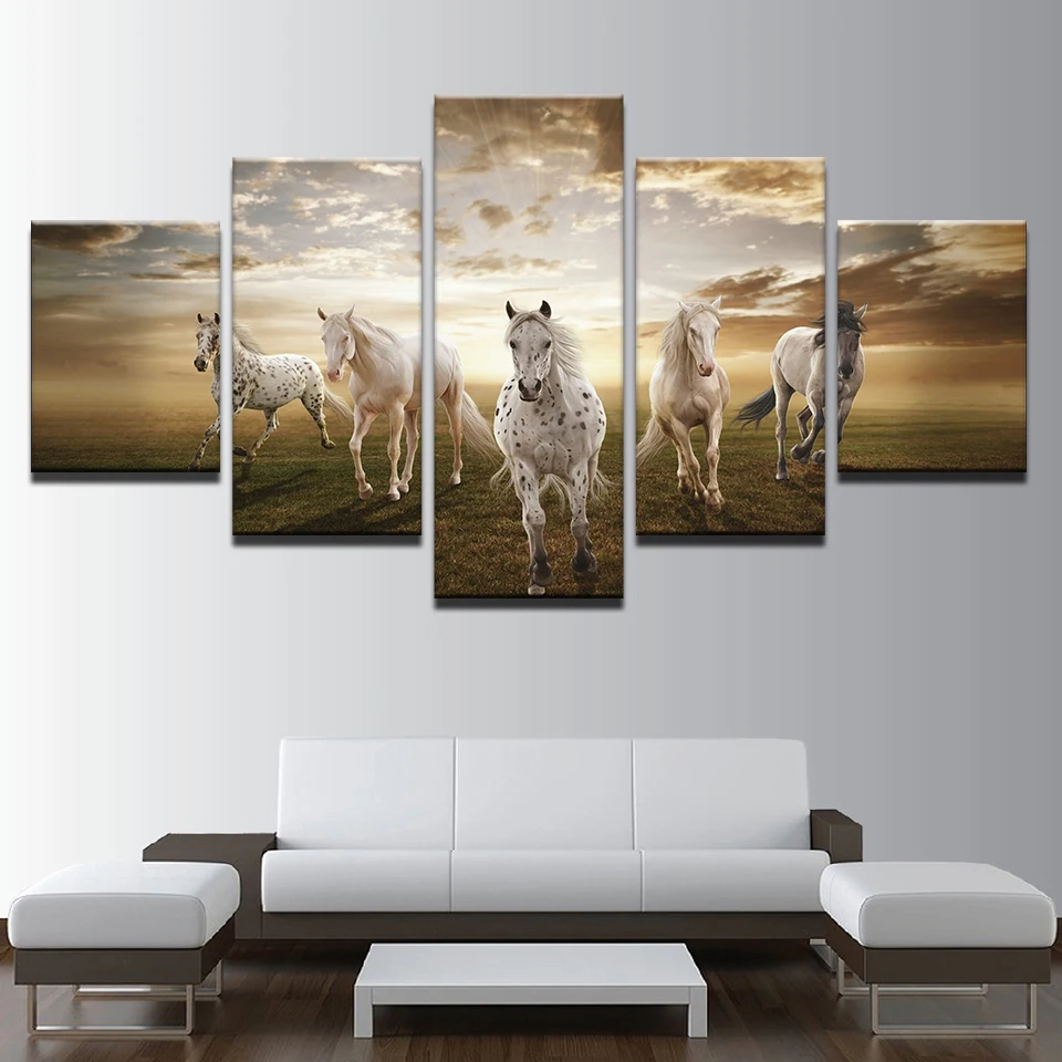 Картины на холсте, настенная художественная рамка, декор для гостиной, 5 шт., картины с бегущим конем, модульные HD принты, облака, животные, плакат с изображением лошадей