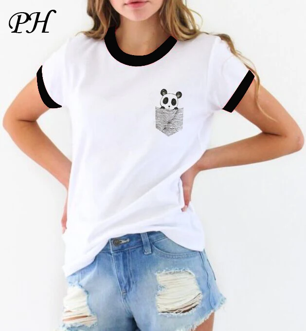 

2016 Summer Fashion Women T Shirt Harajuku Funny Pocket Panda Print Tshirt Short Sleeve T-Shirts Lady Girls Basic Tee Tops