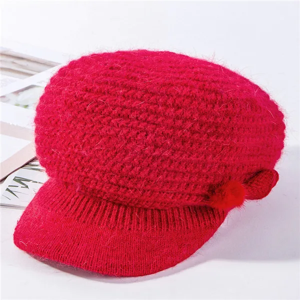 USPOP New winter caps women knit octagonal hat thick warm velvet lining knit hats solid color newsboy caps berets mom caps - Цвет: Красный