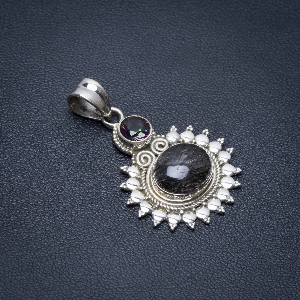 

Natural Tourmalinated Quartz and Mystical Topaz Punk 925 Sterling Silver Pendant 1 1/2" S1245