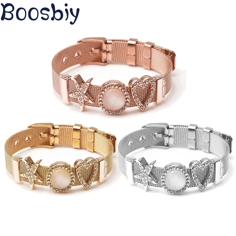 Boosbiy дропшиппинг из нержавеющей стали сетчатый Браслет Набор DIY хрустальное сердечко Любовь Шарм бренд браслет для женщин ювелирные изделия