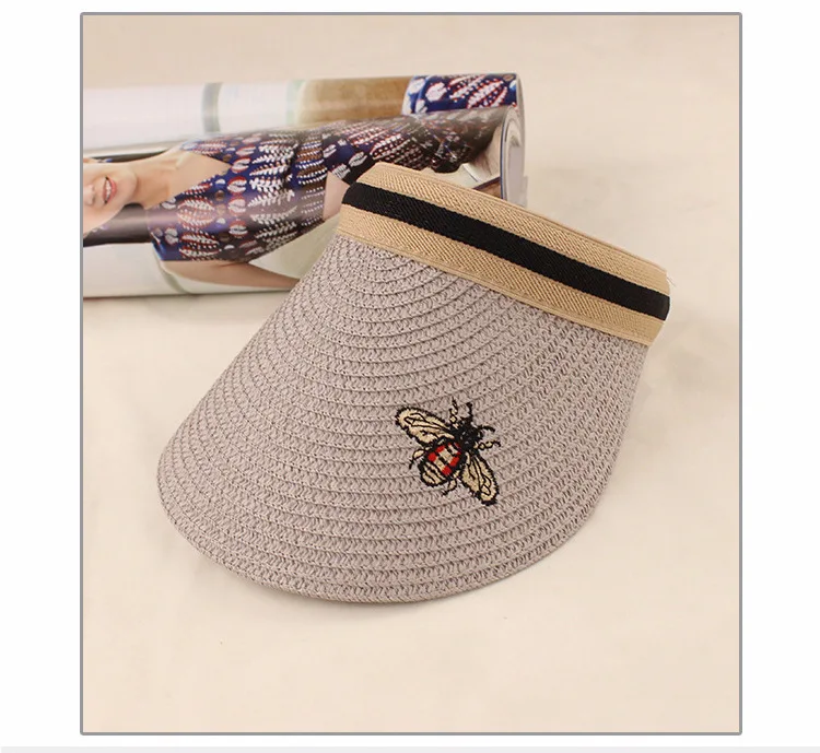 Новая летняя шляпа пчела вышивка женский УФ Зонт с рисунком с обратной стороны козырек дамы сложенный шляпа с пустым верхом открытый Солнцезащитная шляпа соломы