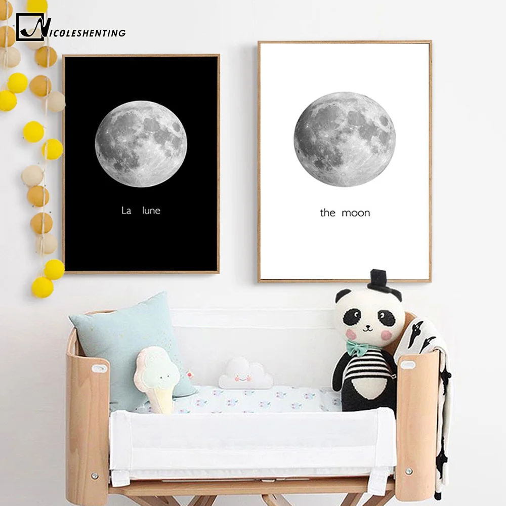 

The Planet Moon Space Minimalist Art Canvas Poster Painting Black White Wall Picture Print Modern Home Children Room Decoration