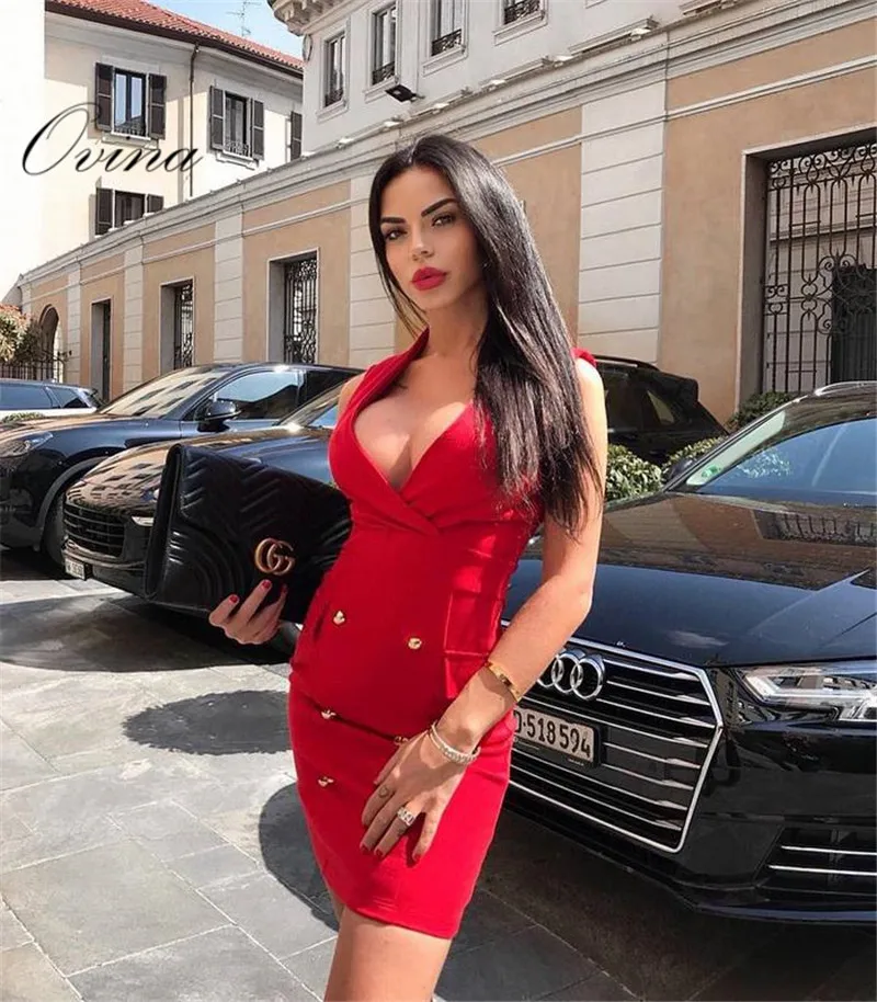 

Newest Red Blue Solid Sleeveless V Neck Mini Gold Button Women dress Night Party Dress