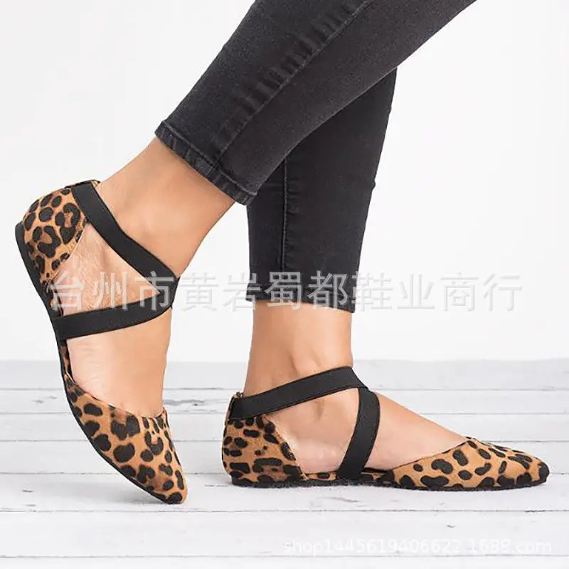 

Women's shoes 2019 spring fashion leopard flat pointed fluffy hollow elastic belt loafers