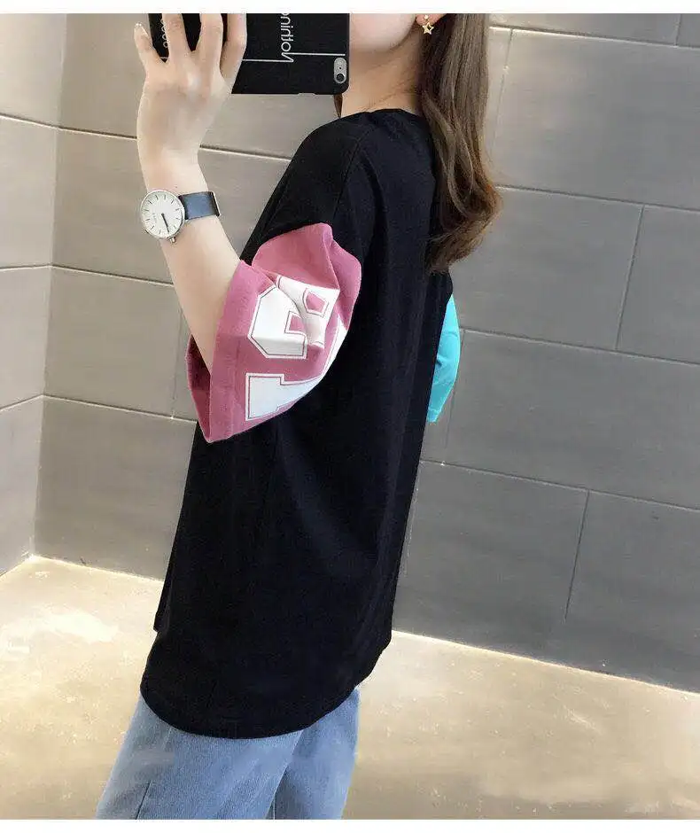 Корейский Ulzzang Топы Футболка для женщин Лето Harajuku Письмо шить Половина рукава Топ Футболка школьницы консервативный Стиль Одежда
