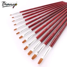 Bianyo 12 шт плоская головка акварель гуашь кисть для покраски кисти нейлоновые волосы с красной деревянной рукояткой Современная Краска ing Кисти Набор принадлежностей