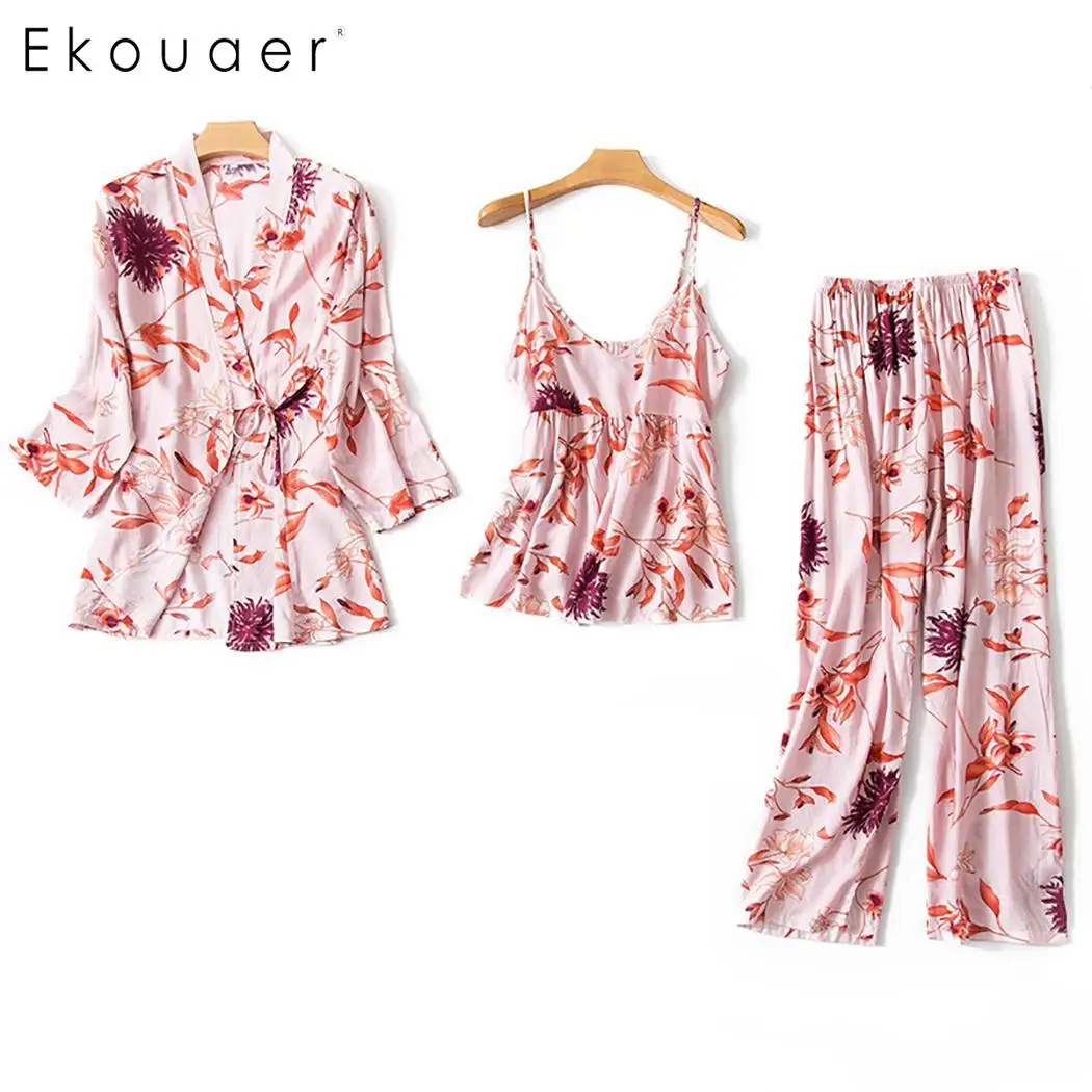 Ekouaer 3 шт. комплект пижамы для женщин шелковый атлас летние пижамы мягкие с длинным рукавом Цветочные Свободные пижамы кимоно домашний халат наборы