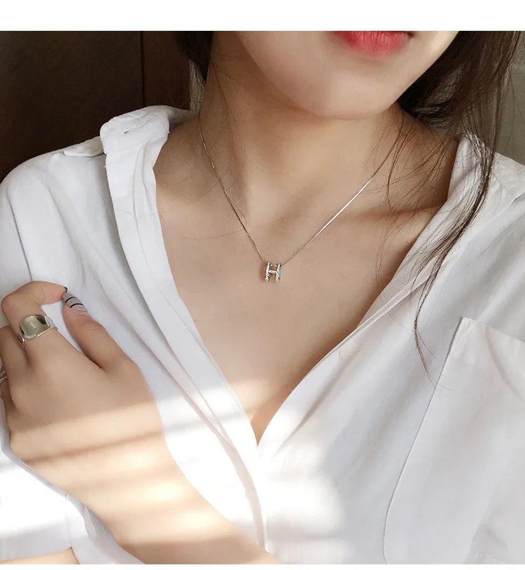 

S925 Sterling Silver Zircon Letter H Necklace Female
