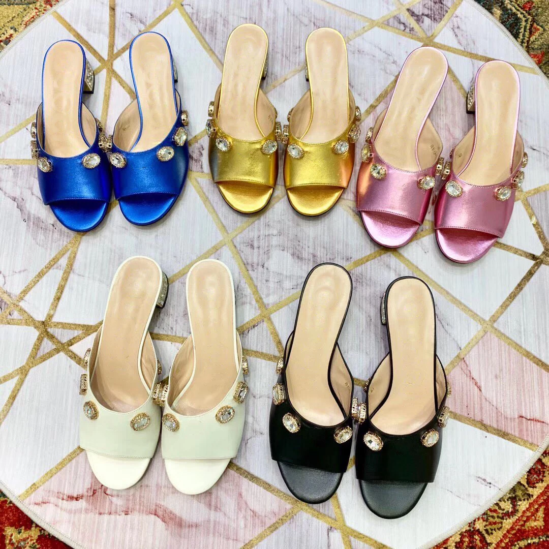 

2019 Womens Elegant Genuine Leather Thick Block Heel Sandal Summer Rhinestones Bling Crystal Peep Toe Slide Slipper