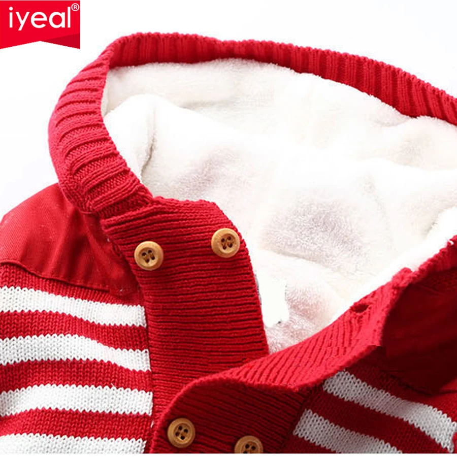  IYEAL Newborn Autumn Baby Rompers Thickened Winter Striped Hooded Knitted Sweater Warm Overalls Fle