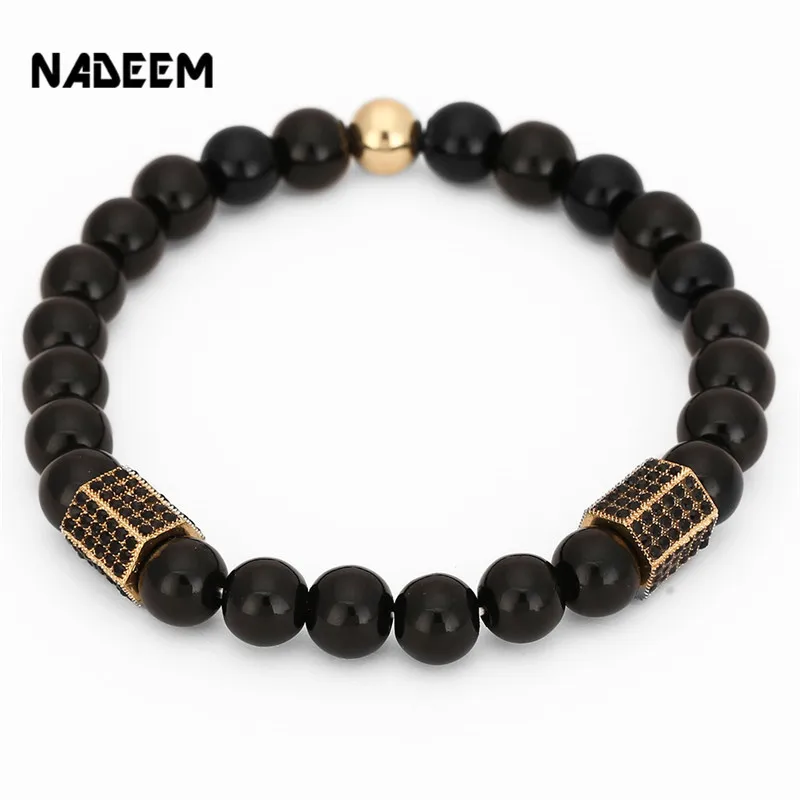 

NADEEM Punk Men's Design Luxury Micro Pave Black CZ Column Hexagonal Charm Bracelet 8MM Black Onyx Stone Bead Bracelet Jewelry