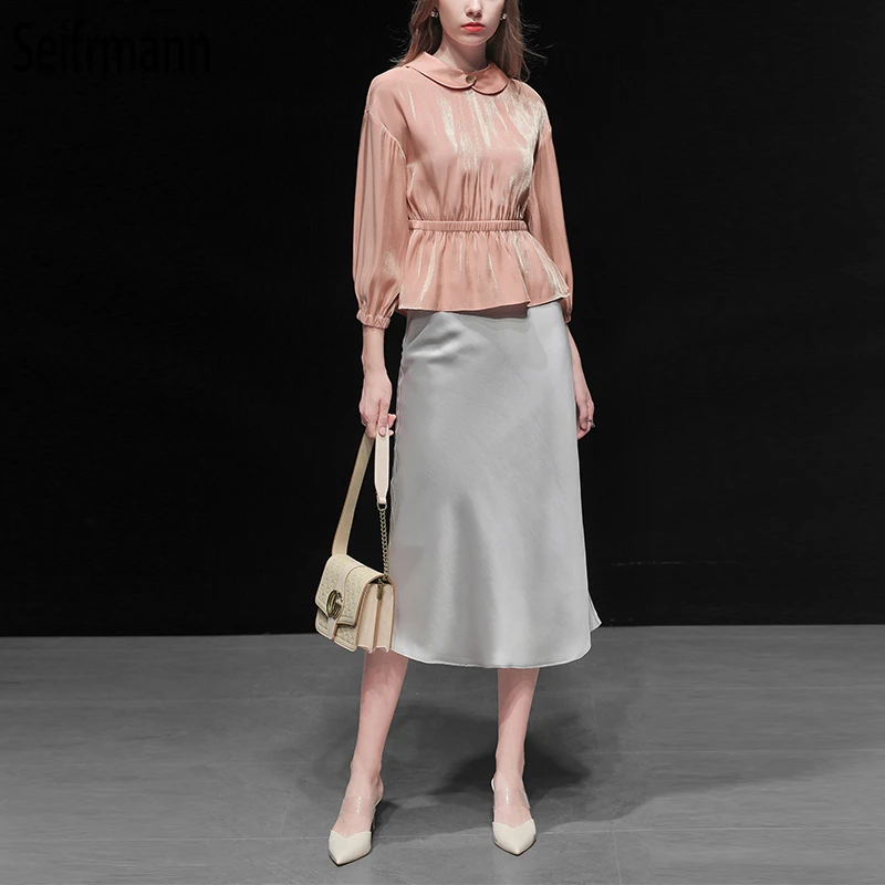 Seifrmann Nieuwe Fashion Runway Zomer Pakken vrouwen Peter pan Kraag Ruches Tops En Casual Pure Grijs Midi Rok Twee delige Set Seifrmann Nieuwe Fashion Runway Zomer Pakken vrouwen Peter pan Kraag Ruches Tops En Casual Pure Grijs Midi Rok Twee delige Set