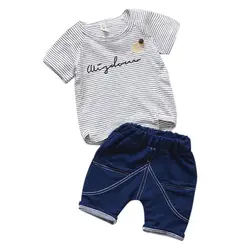 Летняя одежда для маленьких мальчиков Хлопковая полосатая футболка с короткими рукавами Топы + Рубашки домашние комплект одежды для детей