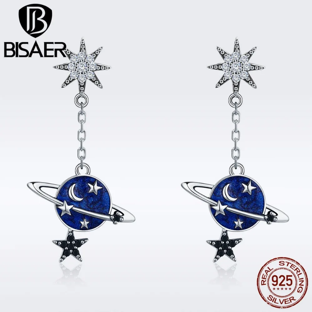 BISAER 925 пробы серебро Brincos, можно носить с сверкающими завод луна и звезды, серьги со шпилькой, для Для женщин Стерлинговое Серебряные ювелирные изделия S925 ECE348