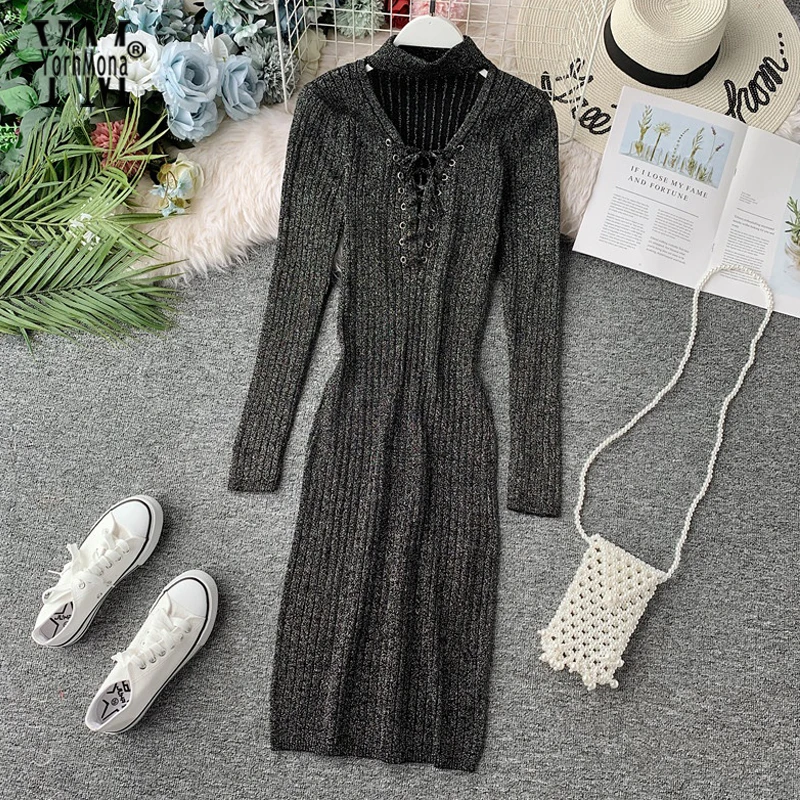 

YuooMuoo Halter Elegant Black Women Dress 2019 Autumn Fashion Bandage Bodycon Dress Luxury Shiny Winter Long Sleeve Midi Dress